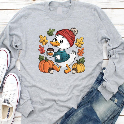 Trendy Cute Fall Duck Long Sleeve Shirt, Cozy Autumn Coffee Long  Sleeve Shirt, Pumpkin Patch Duck Long Sleeve Shirt