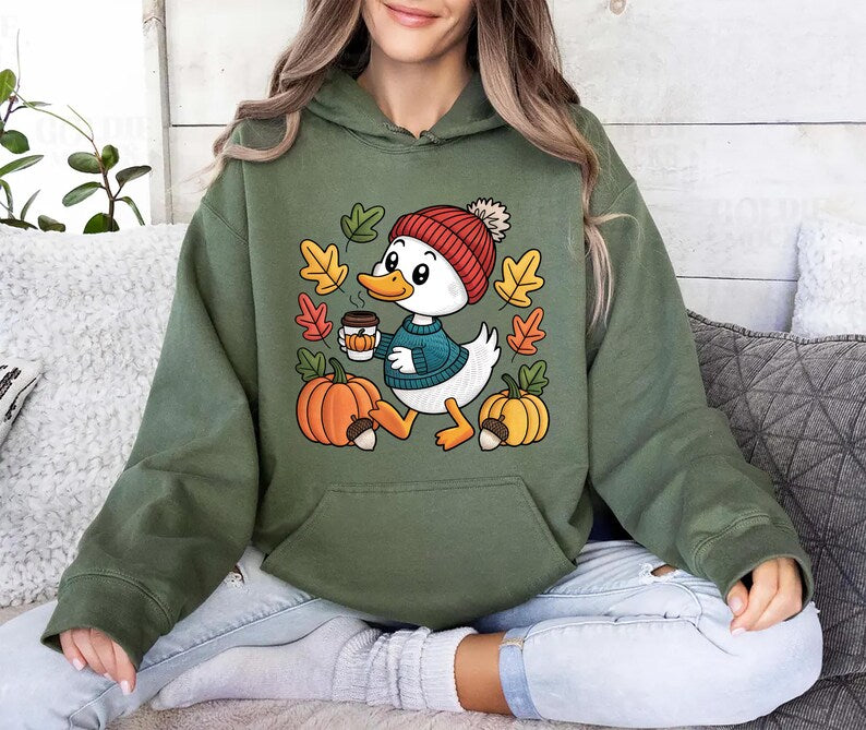 Trendy Cute Fall Duck Hoodie, Cozy Autumn Coffee Hoodie, Pumpkin Patch Duck Hoodie, Preppy Duck Hoodie