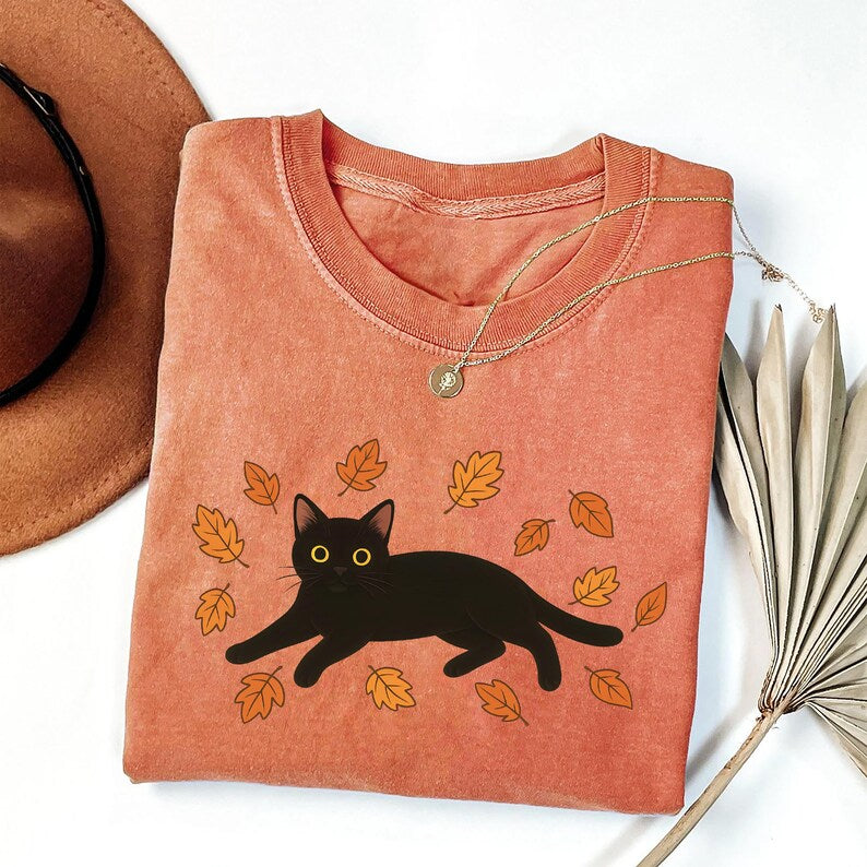 Black Cat Short Sleeve Shirt, Cozy Halloween Short Sleeve Shirt, Black Cat Fall Tee, Cat Lover Gift Short Sleeve Shirt, Unisex Cute Halloween Cats Short Sleeve Shirt