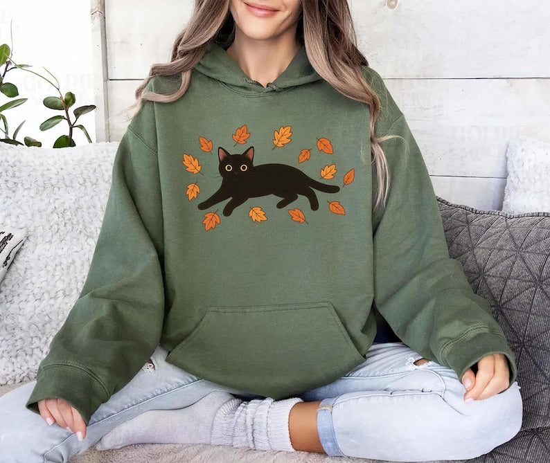 Black Cat Hoodie, Cozy Halloween Hoodie, Black Cat Fall Hoodie, Cat Lover Gift Hoodie