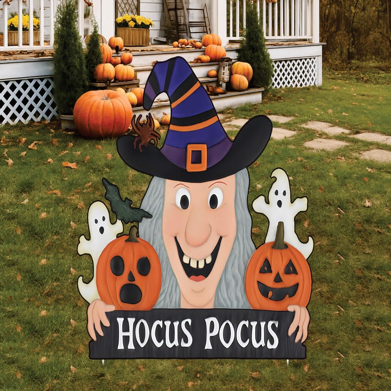 Hocus Pocus Witch Yard Sign, Halloween Ghost and Pumpkin Garden Stake, Outdoor Lawn Decor for Spooky Party, Trick or Treat Display