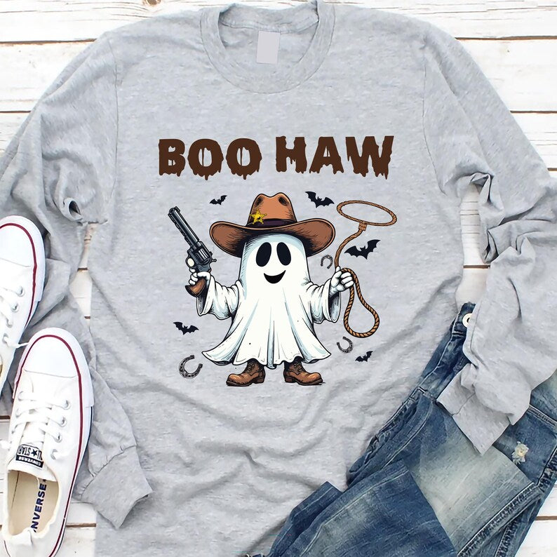 Boo Haw Long Sleeve Shirt, Funny Ghost Cowboy Halloween Long Sleeve Shirt, Western Spooky Fall Long Sleeve Shirt