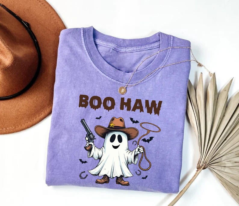 Boo Haw Short Sleeve Shirt, Funny Ghost Cowboy Halloween Short Sleeve Shirt, Western Spooky Fall Short Sleeve Shirt