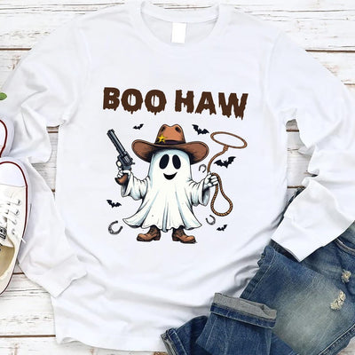 Boo Haw Long Sleeve Shirt, Funny Ghost Cowboy Halloween Long Sleeve Shirt, Western Spooky Fall Long Sleeve Shirt
