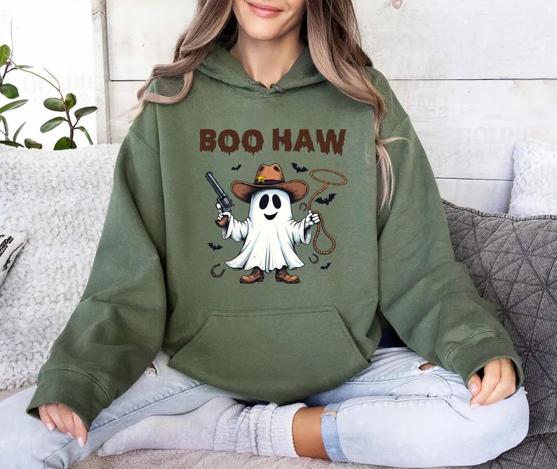 Boo Haw Hoodie, Funny Ghost Cowboy Halloween Hoodie, Western Spooky Fall Hoodie