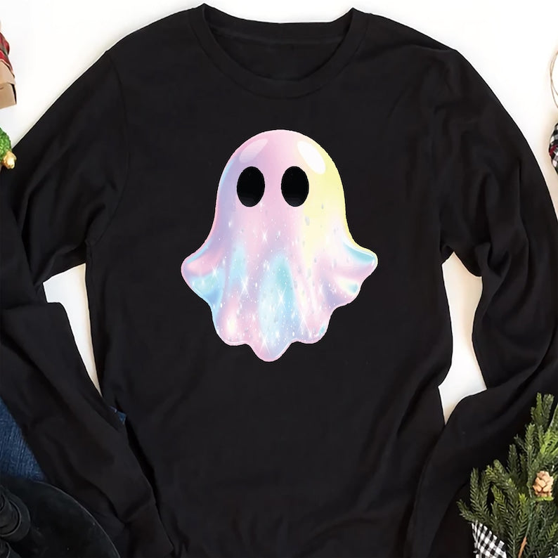 Shimmering Ghost Long Sleeve Shirt, Iridescent-Look Ghost Crewneck Long Sleeve Shirt, Cute Glitter Ghost Design Long Sleeve Shirt