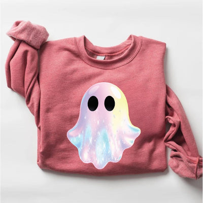Shimmering Ghost Sweatshirt, Iridescent-Look Ghost Crewneck SweatShirt, Cute Glitter Ghost Design SweatShirt