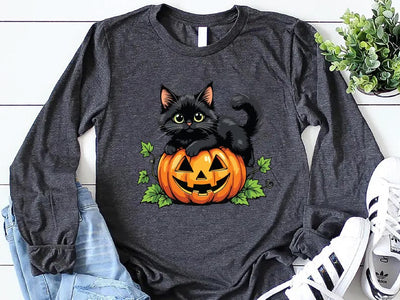 Vintage Black Cat on Pumpkin Long Sleeve Shirt, Retro 90s Halloween Cat Long Sleeve Shirt, Fall Crewneck Long Sleeve Shirt