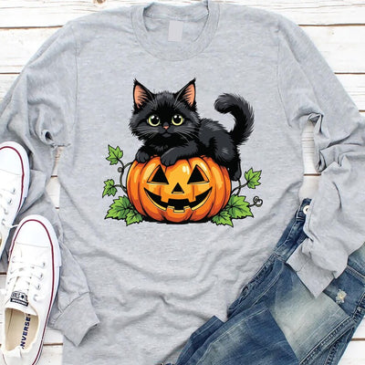 Vintage Black Cat on Pumpkin Long Sleeve Shirt, Retro 90s Halloween Cat Long Sleeve Shirt, Fall Crewneck Long Sleeve Shirt