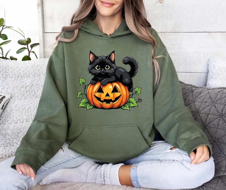 Vintage Black Cat on Pumpkin Hoodie, Retro 90s Halloween Cat Hoodie, Fall Crewneck Hoodie