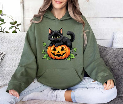 Vintage Black Cat on Pumpkin Hoodie, Retro 90s Halloween Cat Hoodie, Fall Crewneck Hoodie