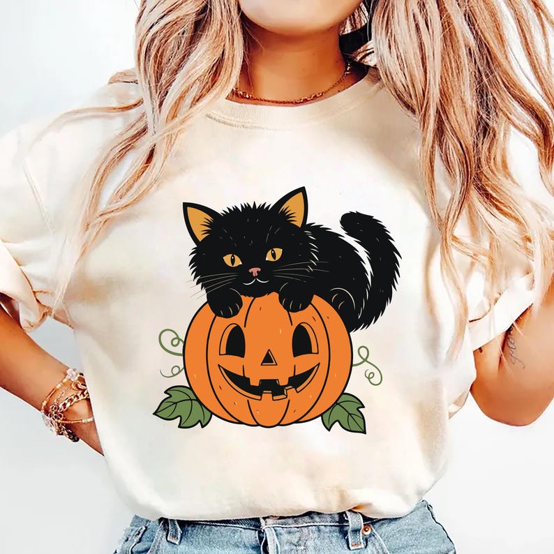 Vintage Black Cat on Pumpkin Short Sleeve Shirt, Retro 90s Halloween Cat Tee, Fall Crewneck  Short Sleeve Shirt