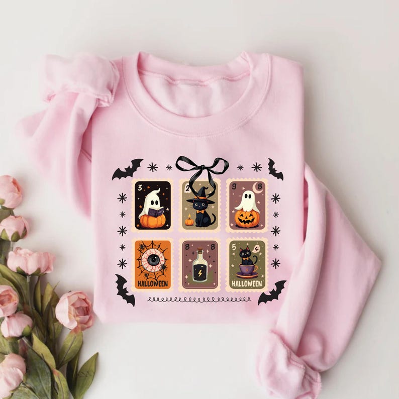 Retro Halloween Stamps Sweatshirt, Cute Ghost and Black Cat SweatShirt, Spooky Fall Aesthetic SweatShirt