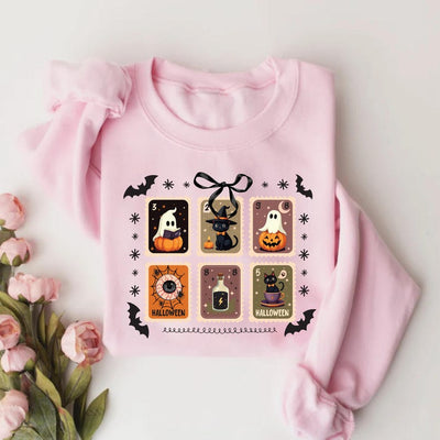 Retro Halloween Stamps Sweatshirt, Cute Ghost and Black Cat SweatShirt, Spooky Fall Aesthetic SweatShirt