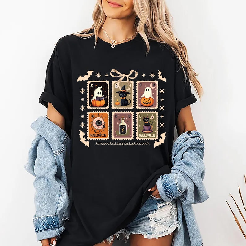Retro Halloween Stamps Short Sleeve Shirt, Cute Ghost and Black Cat Tee, Spooky Fall Aesthetic Short Sleeve Shirt