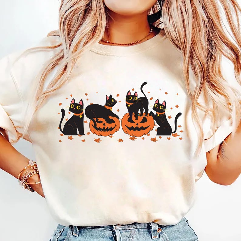 Halloween Black Cat Short Sleeve Shirt, Cute Pumpkin Fall Cat Lover Tee, Spooky Season Bat Short Sleeve Shirt