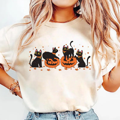 Halloween Black Cat Short Sleeve Shirt, Cute Pumpkin Fall Cat Lover Tee, Spooky Season Bat Short Sleeve Shirt