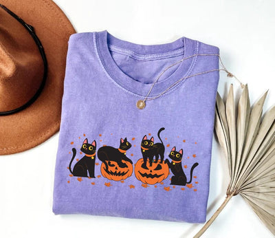 Halloween Black Cat Short Sleeve Shirt, Cute Pumpkin Fall Cat Lover Tee, Spooky Season Bat Short Sleeve Shirt