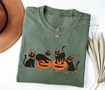 Halloween Black Cat Short Sleeve Shirt, Cute Pumpkin Fall Cat Lover Tee, Spooky Season Bat Short Sleeve Shirt