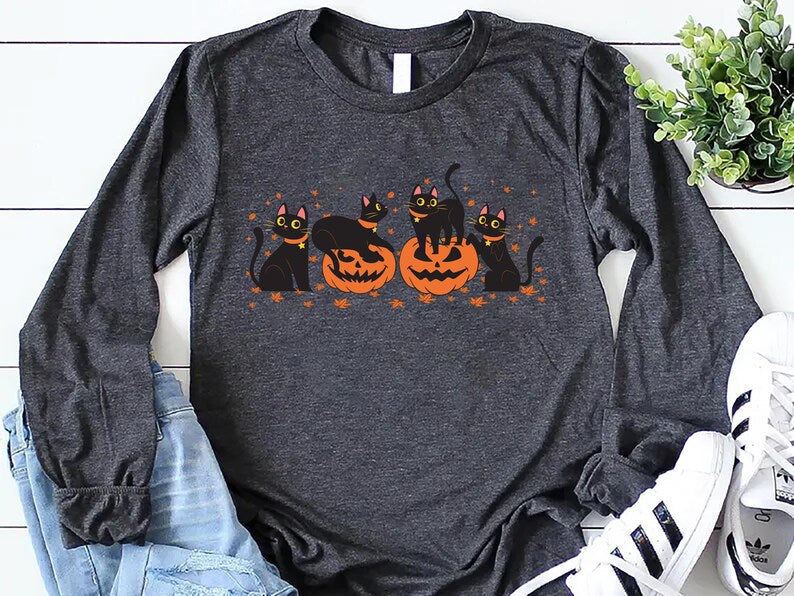Halloween Black Cat Long Sleeve Shirt, Cute Pumpkin Fall Cat Lover Long Sleeve Shirt, Spooky Season Bat Long Sleeve Shirt