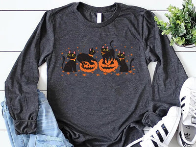 Halloween Black Cat Long Sleeve Shirt, Cute Pumpkin Fall Cat Lover Long Sleeve Shirt, Spooky Season Bat Long Sleeve Shirt