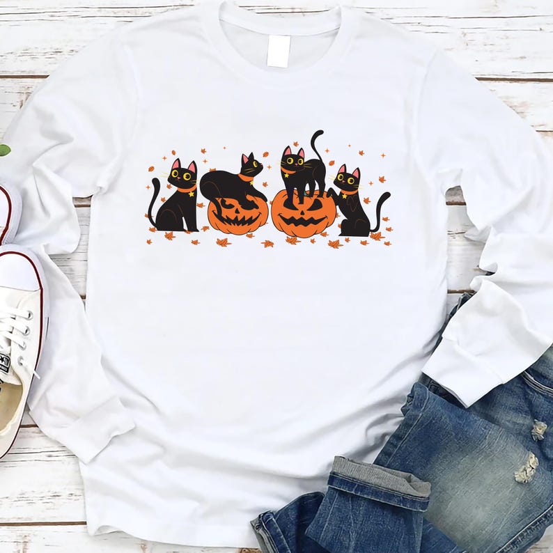 Halloween Black Cat Long Sleeve Shirt, Cute Pumpkin Fall Cat Lover Long Sleeve Shirt, Spooky Season Bat Long Sleeve Shirt