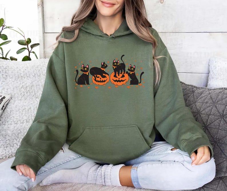 Halloween Black Cat Hoodie, Cute Pumpkin Fall Cat Lover Hoodie, Spooky Season Bat Hoodie