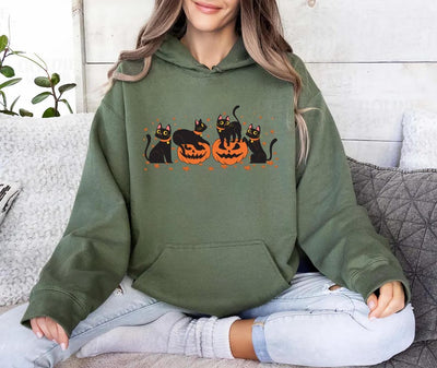 Halloween Black Cat Hoodie, Cute Pumpkin Fall Cat Lover Hoodie, Spooky Season Bat Hoodie