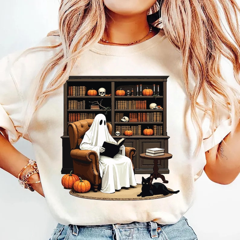 Halloween Ghost Book Reading Short Sleeve Shirt, Retro Bookish Halloween Short Sleeve Shirt, Boo Ghost School Tee
