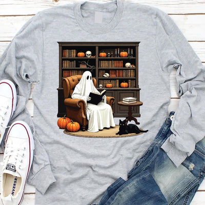 Halloween Ghost Book Reading Long Sleeve Shirt, Retro Bookish Halloween Long Sleeve Shirt, Boo Ghost School Long Sleeve Shirt