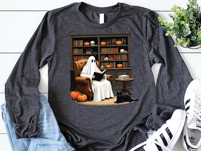 Halloween Ghost Book Reading Long Sleeve Shirt, Retro Bookish Halloween Long Sleeve Shirt, Boo Ghost School Long Sleeve Shirt