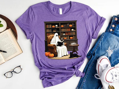 Halloween Ghost Book Reading Short Sleeve Shirt, Retro Bookish Halloween Short Sleeve Shirt, Boo Ghost School Tee