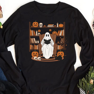 Halloween Ghost Book Reading Long Sleeve Shirt, Retro Bookish Halloween Long Sleeve Shirt, Boo Ghost School Long Sleeve Shirt