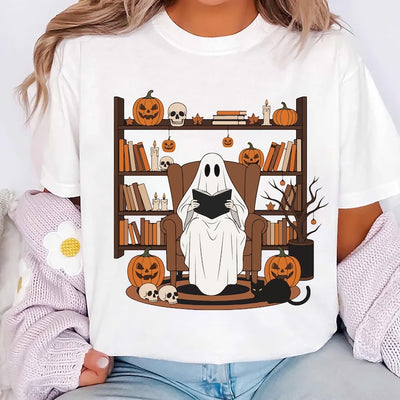 Halloween Ghost Book Reading Short Sleeve Shirt, Retro Bookish Halloween Short Sleeve Shirt, Boo Ghost School Tee