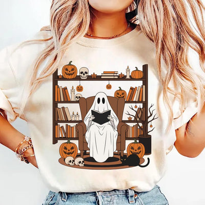Halloween Ghost Book Reading Short Sleeve Shirt, Retro Bookish Halloween Short Sleeve Shirt, Boo Ghost School Tee