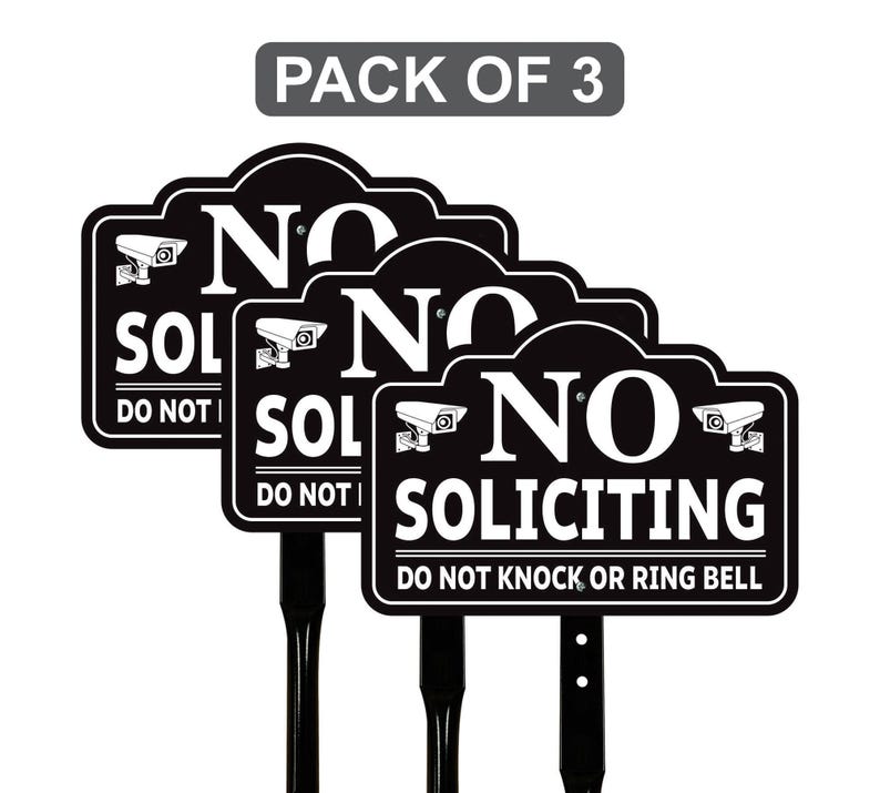 3 Pack No Soliciting Yard Sign for House with 16" Stake, Rust-Free Aluminum Front Door Warning Sign, UV Protected Outdoor Privacy Lawn Sign