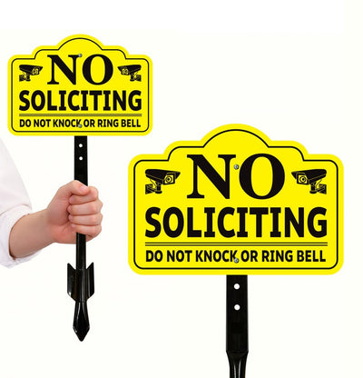 2-Pack No Soliciting Yard Sign with 16" Stake, Bold Yellow Do Not Knock or Ring Bell Sign, Rust-Free Aluminum Security Warning for Home Lawn
