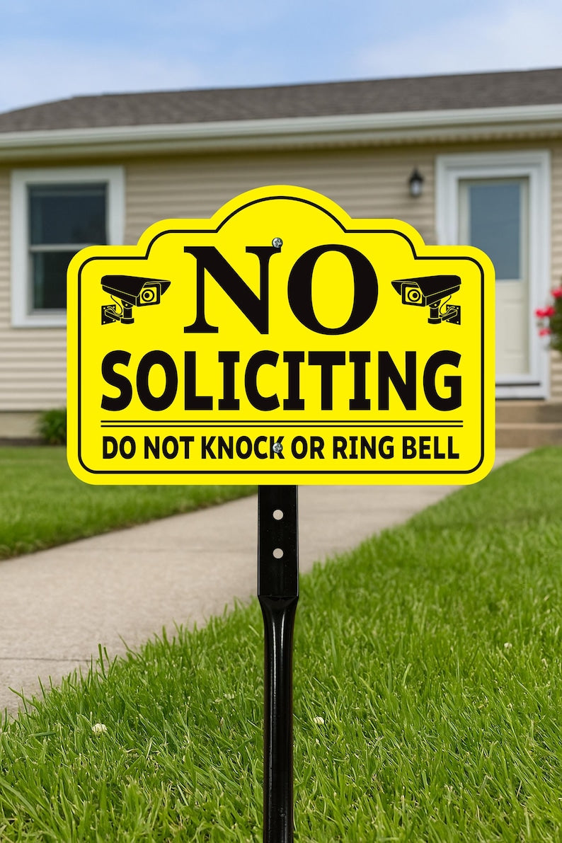 2-Pack No Soliciting Yard Sign with 16" Stake, Bold Yellow Do Not Knock or Ring Bell Sign, Rust-Free Aluminum Security Warning for Home Lawn