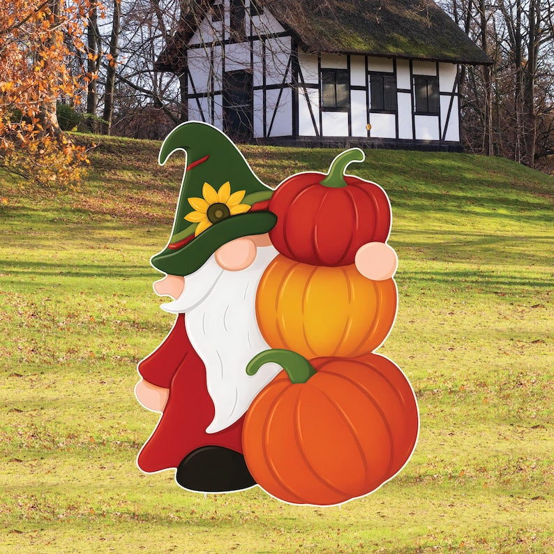 Fall Gnome Yard Sign, Thanksgiving Garden Stake with 3 Pumpkins, Autumn Outdoor Gnome Decor for Lawn Garden Patio Porch Fall Decoration