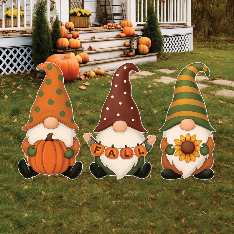 Fall Gnome Yard Signs Set of 3, Thanksgiving Garden Stakes with Pumpkin and Sunflower, Autumn Outdoor Gnome Decor for Lawn and Porch