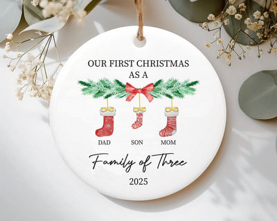 Family Of Three Christmas Ornament, Personalized Baby's First Christmas Ceramic Ornament, Custom New Family Ornament, Name Initial Gift