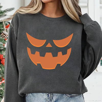 Halloween Pumpkin Face Sweatshirt, Jack-o’-Lantern Spooky Season SweatShirt, Trendy Fall Pumpkin SweatShirt