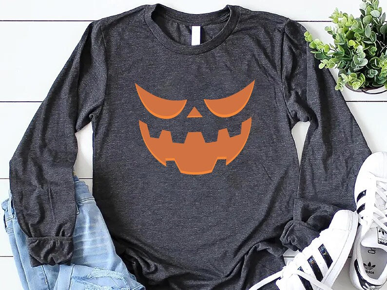 Halloween Pumpkin Face Long Sleeve Shirt, Jack-o’-Lantern Spooky Season Long Sleeve Shirt, Trendy Fall Pumpkin Long Sleeve Shirt