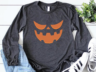 Halloween Pumpkin Face Long Sleeve Shirt, Jack-o’-Lantern Spooky Season Long Sleeve Shirt, Trendy Fall Pumpkin Long Sleeve Shirt