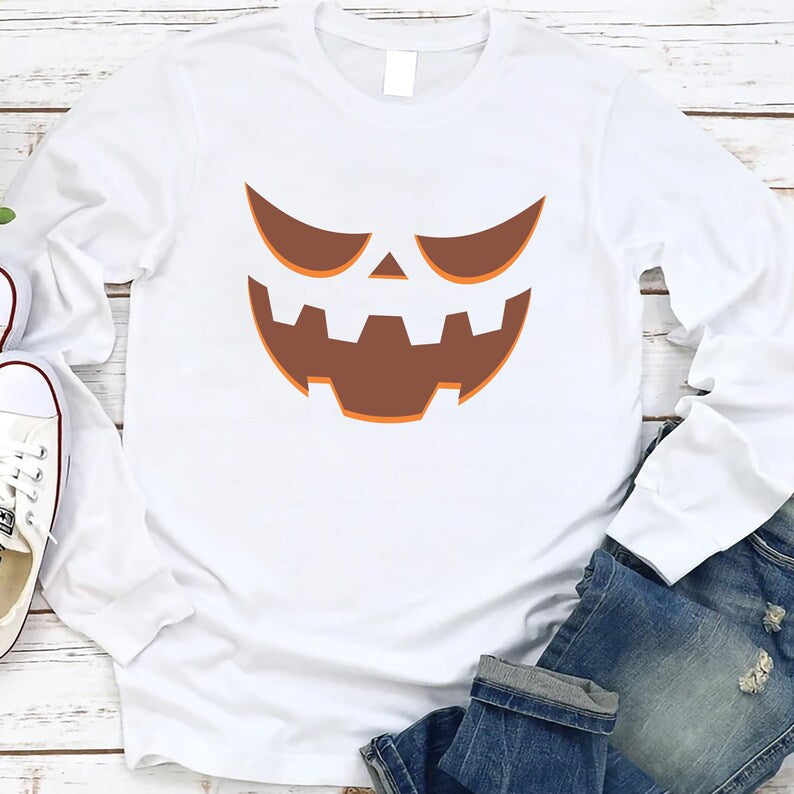 Halloween Pumpkin Face Long Sleeve Shirt, Jack-o’-Lantern Spooky Season Long Sleeve Shirt, Trendy Fall Pumpkin Long Sleeve Shirt