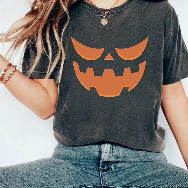 Halloween Pumpkin Face Short Sleeve Shirt, Jack-o’-Lantern Spooky Season Tee, Trendy Fall Pumpkin Short Sleeve Shirt