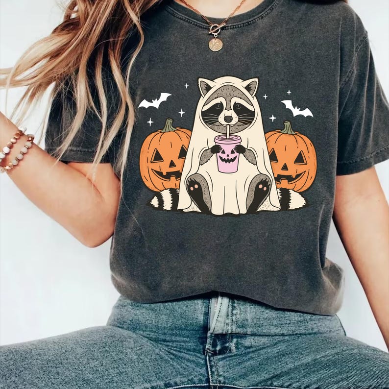 Halloween Raccoon Short Sleeve Shirt, Spooky Season Ghost Raccoon Tee, Cute Fall Animal Short Sleeve Shirt