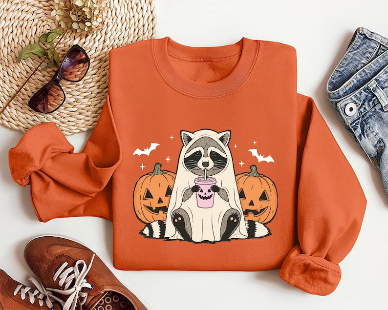 Halloween Raccoon Sweatshirt, Spooky Season Ghost Raccoon SweatShirt, Cute Fall Animal SweatShirt