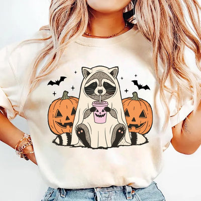 Halloween Raccoon Short Sleeve Shirt, Spooky Season Ghost Raccoon Tee, Cute Fall Animal Short Sleeve Shirt