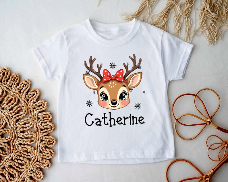 Personalized Girls Christmas Short Sleeve Shirt, Custom Reindeer Name Toddler Short Sleeve Shirt, Custom Retro Xmas Girls Tee